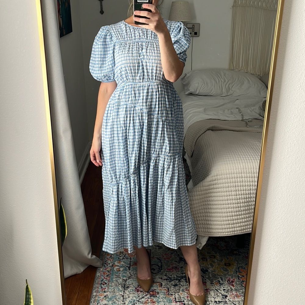 ASOS Dress Womens Size 6 Blue White Plaid Ruffle Tier Maxi Puff Sleeve